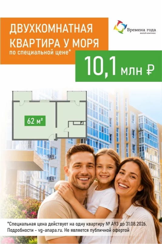 Двухкомнатная квартира 62 кв.м у моря - 10,1 млн рублей